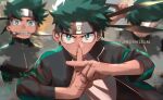  3boys arm_up artist_name bangs black_jacket blurry blurry_background boku_no_hero_academia clenched_teeth commentary depth_of_field english_commentary green_eyes green_hair grey_shirt headband jacket konohagakure_symbol kunai long_sleeves looking_at_viewer male_focus midoriya_izuku mouth_hold multiple_boys multiple_persona naruto naruto_(series) open_clothes open_jacket scar_on_hand serious shirt teeth trubwlsum upper_body weapon 