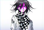  1boy bangs black_hair blood blood_on_face blush buttons checkered checkered_neckwear checkered_scarf commentary_request dangan_ronpa_(series) dangan_ronpa_v3:_killing_harmony grey_background grey_jacket grin hair_between_eyes hambagseu jacket looking_at_viewer male_focus medium_hair ouma_kokichi pink_blood scarf smile solo straitjacket upper_body violet_eyes 