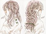  2girls braid dated facing_away from_behind green_ribbon hair_ribbon highres multiple_girls original ribbon signature simple_background toaruocha twin_braids twintails white_background 