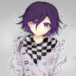  1boy arms_at_sides bangs black_scarf blush buttons checkered checkered_background checkered_floor checkered_neckwear checkered_scarf dangan_ronpa_(series) dangan_ronpa_v3:_killing_harmony double-breasted eyebrows_visible_through_hair flying_sweatdrops grey_background grey_scarf hair_between_eyes looking_at_viewer male_focus ouma_kokichi purple_hair scarf smile snow_finale solo straitjacket upper_body violet_eyes 