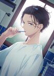  1boy absurdres backlighting bathroom black_hair brushing_teeth dutch_angle expressionless hair_pulled_back hair_strand hand_up highres holding holding_toothbrush ichi-be indoors looking_at_viewer male_focus original shirt short_hair solo tile_wall tiles toothbrush upper_body white_shirt window 