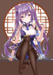  1girl bangs bare_shoulders black_legwear breasts brown_background chinese_commentary commentary_request genshin_impact ghostfin hair_between_eyes hair_cones hand_up highres keqing_(genshin_impact) knee_up long_hair no_shoes pantyhose purple_hair small_breasts solo twintails violet_eyes 