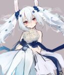  1girl :o after_suko animal_ears azur_lane bangs blue_flower blush bouquet dress flower grey_background hair_flower hair_ornament holding holding_bouquet laffey_(azur_lane) laffey_(white_rabbit&#039;s_oath)_(azur_lane) long_hair pantyhose parted_lips rabbit_ears red_eyes silver_hair simple_background sketch solo twintails very_long_hair wedding_dress white_legwear 