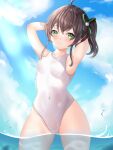  1girl absurdres ahoge armpits bangs black_ribbon blush breasts brown_hair cat_hair_ornament closed_mouth clouds covered_navel day eyebrows_visible_through_hair green_eyes hair_between_eyes hair_ornament hair_ribbon highres hololive looking_at_viewer natsuiro_matsuri nekoya_minamo ocean one-piece_swimsuit ribbon short_hair side_ponytail sky small_breasts solo swimsuit thighs virtual_youtuber water white_swimsuit 