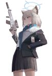  1girl absurdres animal_ears arm_up assault_rifle bangs blue_archive blue_eyes blue_scarf breasts cat_ears collar eyebrows_visible_through_hair eyes_visible_through_hair grey_collar grey_jacket grey_skirt grey_sleeves gun hair_between_eyes hand_in_pocket hand_up highres jacket jacket_removed long_sleeves medium_breasts open_clothes open_mouth rifle scarf shiroko_(blue_archive) shirt sig_sauer_556 silver_hair simple_background skirt solo standing ttoowa weapon white_background white_shirt 