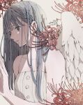  1girl angel_wings bangs camisole dated feathered_wings flower grey_eyes grey_hair hand_up highres long_hair original red_flower shadow signature simple_background sleeveless solo spider_lily toaruocha upper_body white_background white_camisole white_wings wings 