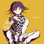  1boy bangs black_hair checkered checkered_scarf closed_mouth commentary_request dangan_ronpa_(series) dangan_ronpa_v3:_killing_harmony dated earrings eyebrows_visible_through_hair feet_out_of_frame flipped_hair full_body grey_pants hair_between_eyes hand_up jacket jewelry kiri_(2htkz) long_sleeves looking_at_viewer male_focus orange_background ouma_kokichi pants purple_hair scarf simple_background sitting smile solo straitjacket violet_eyes 