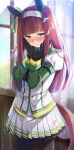  1girl animal_ears black_gloves blush brown_hair commentary_request gloves green_eyes hands_on_own_face headband horse_ears horse_girl horse_tail long_hair looking_at_viewer silence_suzuka_(umamusume) solo tail tanabe umamusume uniform window 