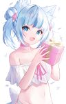  1girl :d animal_ear_fluff animal_ears bangs bare_shoulders blue_eyes blue_hair blush box cat_ears choker collarbone commentary crop_top double_bun fangs gawr_gura gift gift_box hair_ornament highres holding holding_box hololive hololive_english looking_at_viewer medium_hair multicolored_hair navel off_shoulder open_mouth pink_choker ribbon short_sleeves simple_background smile solo stomach streaked_hair swimsuit two_side_up upper_body virtual_youtuber white_background white_hair yellow_ribbon yuzuno_kaori 