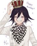  1boy alternate_headwear arm_up bangs black_hair blush checkered checkered_background checkered_scarf commentary_request crown dangan_ronpa_(series) dangan_ronpa_v3:_killing_harmony dated fangs grin hair_between_eyes happy_birthday highres looking_at_viewer mado_hara male_focus ouma_kokichi scarf simple_background smile solo sparkle teeth violet_eyes white_background 