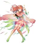 1girl alternate_costume bangs bare_shoulders book bridal_gauntlets cape celica_(fire_emblem) closed_mouth detached_collar dress earrings fire_emblem fire_emblem_echoes:_shadows_of_valentia fire_emblem_heroes flower frilled_skirt frills full_body gradient gradient_clothes hair_ornament hairband high_heels highres holding holding_book jewelry kaekae long_hair looking_away official_art one_eye_closed pink_dress red_eyes redhead shiny shiny_hair shoes skirt sleeveless thigh-highs torn_clothes transparent_background zettai_ryouiki 