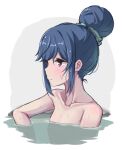  1girl bathing blue_hair hair_bun nude onsen shima_rin solo tamusuguru violet_eyes wet yurucamp 