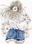  1girl belt blue_shorts brown_hair cowboy_shot dated flower from_behind highres leaf long_hair long_sleeves original pocket puffy_long_sleeves puffy_sleeves shirt shirt_tucked_in shorts signature solo toaruocha white_belt white_flower white_shirt 