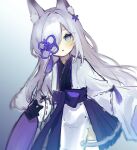  1girl after_suko animal_ear_fluff animal_ears azur_lane bangs black_bodysuit bodysuit eyepatch flower_eyepatch fox_ears gradient gradient_background hair_over_one_eye japanese_clothes kasumi_(azur_lane) light_blue_eyes long_hair long_sleeves parted_lips ribbon-trimmed_sleeves ribbon_trim silver_hair simple_background solo thigh-highs very_long_hair white_legwear wide_sleeves 