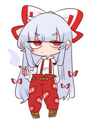  1girl baggy_pants bangs beige_shirt bow brown_footwear buttons cigarette collared_shirt fujiwara_no_mokou hair_bow hime_cut long_hair long_sleeves ofuda ofuda_on_clothes op_na_yarou pants red_eyes red_pants shirt shoes sidelocks silver_hair sleeve_garter smoke smoking suspenders touhou very_long_hair white_bow white_shirt 