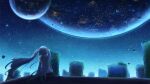 1girl bare_shoulders black_gloves blue_hair blue_theme commentary_request earth_(planet) elbow_gloves facing_away floating gloves hatsune_miku highres hoshino_mizuki_(hoshino_263f) long_hair looking_up moon planet rock scenery shirt sitting sleeveless sleeveless_shirt solo space star_(sky) twintails vocaloid white_shirt 