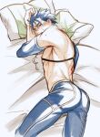  1boy ass back_tattoo bed_sheet blue_hair blue_pants cowboy_shot crescent_necklace cu_chulainn_(fate)_(all) cu_chulainn_(fate/stay_night) fate/grand_order fate/stay_night fate_(series) hair_strand looking_at_viewer makina_(nikki_m7_) male_focus messy_hair pants pillow red_eyes skin_tight sweat tattoo 