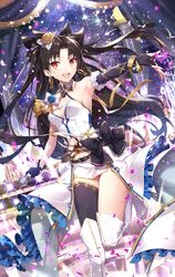  1girl :d asymmetrical_gloves bangs bare_shoulders black_bow black_gloves black_hair black_legwear black_ribbon blue_flower blue_rose boots bow breasts brown_rose commentary_request detached_sleeves elbow_gloves eyebrows_visible_through_hair fate/grand_order fate_(series) fingerless_gloves flower frills gabiran gloves hair_flower hair_ornament hair_ribbon holding holding_microphone ishtar_(fate) ishtar_(fate)_(all) long_hair looking_at_viewer microphone open_mouth parted_bangs pillar puffy_short_sleeves puffy_sleeves red_eyes ribbon rose short_sleeves skirt small_breasts smile solo standing standing_on_one_leg thigh-highs thigh_boots two_side_up very_long_hair white_bow white_footwear white_legwear white_skirt white_sleeves 