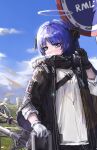  1girl arknights bag bangs black_gloves black_horns black_jacket blue_eyes blue_hair blue_sky chinese_commentary clouds commentary_request earphones earphones eyebrows_visible_through_hair fur-trimmed_jacket fur_trim gloves halo highres holding holding_bag holding_earphones horns jacket long_sleeves mismatched_gloves mostima_(arknights) mountain oreshki road_sign scenery shirt sign sky solo weapon weapon_on_back white_gloves white_shirt 