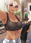  2girls :d abs airisubaka armpits bangs bare_shoulders black_tank_top breasts collarbone commentary crop_top dark-skinned_female dark_skin day dumbbell english_commentary eyebrows_visible_through_hair green_tank_top hair_between_eyes highres indoors large_breasts long_hair midriff multiple_girls muscular muscular_female open_mouth original ponytail purple_hair selfie shaded_face short_hair smile sweat tank_top violet_eyes white_hair window 