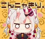  1girl :3 animal_ear_fluff animal_ears bangs bell black_kimono blush brown_background cat_ears cat_girl cat_tail chibi closed_mouth double_bun eyebrows_visible_through_hair hair_bell hair_ornament heart highres hololive horns japanese_clothes jingle_bell kemonomimi_mode kimono long_sleeves looking_at_viewer mask mask_on_head multicolored_hair muuran nakiri_ayame o_o oni oni_horns oni_mask redhead sleeves_past_fingers sleeves_past_wrists solo streaked_hair tail translation_request two_side_up upper_body virtual_youtuber 