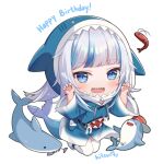  1girl :d animal animal_hood bangs bloop_(gawr_gura) blue_eyes blue_hair blue_hoodie chibi claw_pose commentary drawstring english_commentary eyebrows_visible_through_hair fish_skeleton fish_tail full_body gawr_gura hands_up happy_birthday hitsukuya hololive hololive_english hood hood_up hoodie long_sleeves multicolored_hair open_mouth shark_hood shark_tail sharp_teeth shoes shrimp silver_hair simple_background smile streaked_hair tail teeth thigh-highs virtual_youtuber white_background white_footwear white_legwear wide_sleeves 
