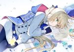 1girl artoria_pendragon_(all) artoria_pendragon_(caster)_(fate) bangs blonde_hair blue_bow blue_cape blue_flower blue_gloves blue_headwear blue_neckwear bow bowtie bubble buttons cape closed_eyes closed_mouth crying crying_with_eyes_open dress eyebrows_visible_through_hair fate/grand_order fate/stay_night fate_(series) flower gloves green_eyes hair_bow hat holding hood hood_down hooded_cape kamiowl long_hair low_twintails lying parted_lips petals reflection saber saint_quartz short_hair sidelocks tears teeth twintails very_long_hair white_dress 