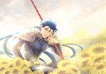  1boy armor beads betushio blue_bodysuit blue_hair bodysuit cu_chulainn_(fate)_(all) cu_chulainn_(fate/stay_night) earrings fate/stay_night fate_(series) field floating_hair flower flower_field gae_bolg_(fate) grin hair_beads hair_ornament head_rest highres holding holding_polearm holding_weapon jewelry long_hair looking_at_viewer male_focus muscular muscular_male one_eye_closed open_mouth outdoors pauldrons pectorals polearm ponytail red_eyes shoulder_armor sitting skin_tight sky slit_pupils smile solo spiky_hair sunflower weapon 
