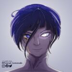  1other absurdres androgynous blue_eyes blue_hair canned_lemonade crack crying gem heterochromia highres houseki_no_kuni looking_at_viewer phosphophyllite phosphophyllite_(ll) self_upload short_hair simple_background smile white_eyes 