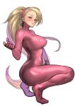  1girl blonde_hair bodysuit breasts brown_eyes earrings highres jewelry kirie_kairi kunoichi_(live_a_live) large_breasts live_a_live long_hair looking_at_viewer ninja pink_bodysuit simple_background skin_tight solo white_background 