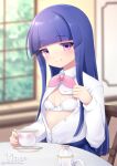  1girl blue_hair blurry blurry_background blush bow bow_bra bra breasts chair closed_mouth collared_shirt commentary_request cup depth_of_field dress_shirt furude_rika higurashi_no_naku_koro_ni holding holding_cup indoors long_hair looking_at_viewer nanopai_kakumeikokonoyu open_clothes open_shirt pink_eyes pink_neckwear saucer shirt signature small_breasts smile solo table teapot twitter_username underwear very_long_hair white_bra white_shirt window 