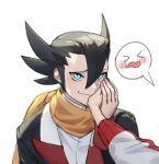  &gt;_&lt; 1boy 1girl bangs black_hair black_jacket blue_eyes blush closed_mouth commentary_request elite_four grimsley_(pokemon) hair_between_eyes hand_on_another&#039;s_cheek hand_on_another&#039;s_face hetero jacket long_sleeves lowres mongguri original pokemon pokemon_(game) pokemon_bw scarf smile spiky_hair upper_body wavy_mouth yellow_scarf 