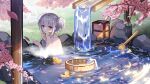  1girl benghuai_xueyuan bronya_zaychik bucket cherry_blossoms grass grey_eyes grey_hair hair_between_eyes highres honkai_(series) honkai_impact_3rd lantern looking_at_viewer looking_back official_art petals petals_on_liquid rock rubber_duck solo spa towel tree_branch water 