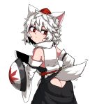  1girl animal_ears ass ass_cutout bare_shoulders blush clothing_cutout detached_sleeves formicid from_behind hat holding holding_weapon inubashiri_momiji leaf maple_leaf red_eyes shield short_hair skirt solo sweatdrop sword tail tokin_hat touhou weapon white_hair wolf_ears wolf_tail 