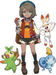 1girl alternate_eye_color alternate_skin_color bangs bob_cut boots brown_footwear brown_hair buttons closed_mouth commentary_request dynamax_band eyelashes full_body gen_8_pokemon gloria_(pokemon) gorilla green_eyes green_headwear grookey haruken hat holding holding_poke_ball jacket kneehighs knees long_sleeves number open_clothes open_jacket orange_shirt pincurchin poke_ball poke_ball_(basic) pokemon pokemon_(creature) pokemon_(game) pokemon_swsh red_jacket scorbunny shiny shiny_skin shirt short_hair short_shorts shorts smile sobble standing starter_pokemon_trio tam_o&#039;_shanter