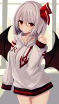  .me 1girl alternate_costume arched_back arm_up bat_wings commentary cowboy_shot day drawstring eyebrows_visible_through_hair hair_between_eyes hair_ribbon hallway highres hood hood_down hoodie indoors light_blush light_smile no_hat no_headwear no_pants purple_hair remilia_scarlet ribbon short_hair sleeves_past_wrists solo standing touhou white_hoodie window wings 