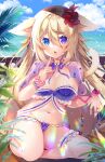  1girl animal_ears bangs barefoot bell bikini blonde_hair blue_eyes blue_nails blurry blurry_foreground bow breasts capelet choker commentary_request day eyebrows_visible_through_hair flower frilled_bikini frills green_nails groin hair_between_eyes hair_flower hair_ornament hand_up heterochromia highres jingle_bell ko_yu large_breasts leg_garter long_hair looking_at_viewer multicolored multicolored_nails nail_polish navel neck_bell open_mouth original outdoors palm_leaf pink_flower plant purple_bikini purple_bow purple_capelet purple_nails purple_ribbon red_flower ribbon ribbon_choker sitting sky solo stomach swimsuit tail tail_raised toenail_polish very_long_hair violet_eyes wrist_flower wristband 