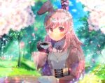  1girl animal_ears bangs black_gloves blurry blurry_background blurry_foreground blush character_request closed_mouth commentary_request cup day depth_of_field eyebrows_visible_through_hair gloves holding holding_cup holding_saucer indie_virtual_youtuber juliet_sleeves kouu_hiyoyo long_hair long_sleeves looking_at_viewer outdoors petals pink_hair puffy_sleeves rabbit_ears red_eyes ribbed_sweater saucer single_glove smile solo sweater tree upper_body very_long_hair virtual_youtuber white_sweater 