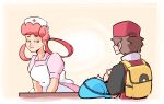  1boy 1girl apron backpack bag brown_hair commentary dress english_commentary hair_rings half-closed_eyes hat index_fingers_together jacket joy_(pokemon) nurse nurse_cap pink_dress pink_hair plow_(witch_parfait) pokemon pokemon_(game) pokemon_rgby puffy_short_sleeves puffy_sleeves raised_eyebrows red_(pokemon) short_sleeves twintails vaporeon white_apron 