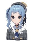  1girl absurdres beret black_choker black_hair blue_bow blue_hair blue_neckwear bow choker closed_mouth collared_shirt cropped_torso dress_shirt empty_eyes grey_headwear grey_jacket hair_bow hat highres hololive hoshimachi_suisei jacket long_hair looking_at_viewer plaid_headwear plaid_jacket shirt side_ponytail simple_background solo syhan tears upper_body virtual_youtuber white_background white_shirt 
