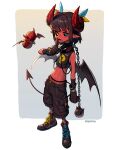  1girl belt black_footwear black_gloves black_hair black_pants black_sclera black_shirt black_wings blue_eyes chain colored_sclera colored_skin demon_girl demon_tail earrings gloves hand_up heterochromia highres horns jewelry midriff navel open_mouth original pants pointy_ears print_shirt red_horns red_skin rinotuna shirt shoes short_hair sleeveless sleeveless_shirt solo tail twitter_username wings yellow_eyes 