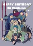  6+boys ;d arm_on_head armor asymmetrical_clothes bangs black_gloves blue_bodysuit blue_hair bodysuit braid character_name chest_tattoo chibi closed_eyes cu_chulainn_(caster)_(fate) cu_chulainn_(fate)_(all) cu_chulainn_(fate/prototype) cu_chulainn_(fate/stay_night) cu_chulainn_alter_(fate/grand_order) dated earrings facial_mark fangs fate/grand_order fate/grand_order_arcade fate/prototype fate/stay_night fate_(series) gae_bolg_(fate) gloves grin hair_over_shoulder hair_strand hand_on_hip happy_birthday holding holding_spear holding_weapon hood jewelry leaning_forward long_hair looking_at_viewer male_focus mini_cu-chan_(fate) mitsudomoe_(shape) monster_boy multiple_boys one_eye_closed open_mouth parted_bangs polearm ponytail purple_background red_eyes sandals setanta_(fate) simple_background single_braid smile spear spiked_tail tail tattoo thigh_gap toeless_legwear tomoe_(symbol) weapon x-r5xxxlove 