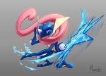  absurdres artist_name bright_pupils commentary gen_6_pokemon greninja highres huge_filesize manncho motion_blur no_humans outline pokemon pokemon_(creature) red_eyes shuriken signature solo squatting throwing tongue water water_drop white_pupils 