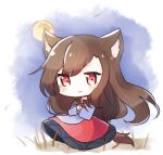  1girl animal_ears bangs blouse blush brown_hair chibi closed_mouth dress eyebrows_visible_through_hair eyes_visible_through_hair full_moon gem hair_between_eyes hands_together hands_up imaizumi_kagerou long_hair looking_at_viewer moon night night_sky pudding_(skymint_028) red_dress red_eyes sky smile solo standing tail touhou white_blouse wolf_ears wolf_tail yellow_moon 