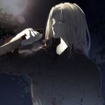  absurdres blonde_hair blood bloody_clothes bloody_knife blue_eyes character_request dead_by_daylight highres holding holding_knife knife long_hair looking_at_viewer night night_sky okitafuji outdoors sky standing upper_body 