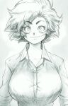  1girl breasts buttons closed_mouth collared_shirt eyebrows_visible_through_hair greyscale highres large_breasts long_sleeves looking_at_viewer maxine_(yves_bigerel) messy_hair monochrome original shirt short_hair smile solo upper_body yves_bigerel 