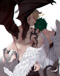  2boys angel angel_and_devil bakugou_katsuki bare_shoulders black_pants blonde_hair boku_no_hero_academia bound_ankles chain chained cuffs demon_horns demon_tail demon_wings earrings fang fang_out feathered_wings from_behind green_hair highres horns jewelry looking_at_viewer looking_back male_focus midoriya_izuku multiple_boys pants red_eyes rin_(rinriemie) short_hair shoulder_tattoo symbol_commentary tail tattoo white_wings wings 