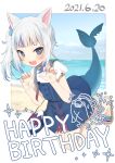  1girl :d absurdres animal_ears bag bangs beach bloop_(gawr_gura) blue_eyes blue_hair blue_nails blue_sky blush cat_ears claw_pose dated day eyebrows_visible_through_hair fish_tail gawr_gura handbag happy_birthday highres hololive hololive_english houshou_marine_(artist) long_hair looking_at_viewer multicolored_hair open_mouth outdoors sandals shark_girl shark_tail sharp_teeth side_ponytail silver_hair sky smile solo streaked_hair tail teeth virtual_youtuber 