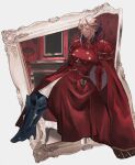  1girl absurdres boots breasts cape closed_mouth edelgard_von_hresvelg fire_emblem fire_emblem:_three_houses full_body gloves hair_ornament highres horns long_hair long_sleeves looking_at_viewer red_cape simple_background smile solo violet_eyes watayumi_leo white_hair 