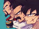  3boys adam&#039;s_apple armor bardock beard black_eyes black_hair blue_background cheekbones close-up closed_mouth collarbone cropped_shoulders dragon_ball dragon_ball_minus dragon_ball_super dragon_ball_super_broly dragon_ball_z face facial_hair facing_away from_side frown highres jewelry king_vegeta lineup looking_afar male_focus multiple_boys necklace paragus_(dragon_ball_super) profile scar scar_on_cheek scar_on_face serious simple_background spiky_hair tkgsize wrinkles 